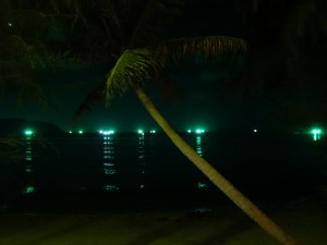 Die Fischerboote leuchten grün, um Tintenfisch zu fangen.